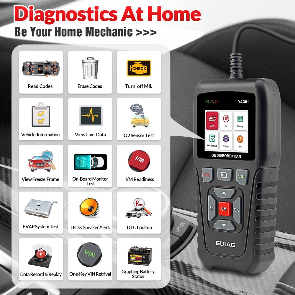 YA301 Code Reader EDIAG FULL OBDII/EOBD one-key VIN Read Battery test ...