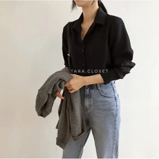IT022 TARA Shirt Black เสื้อเชิ้ตสีดำคอปก แขนยาว สีคลาสสิค ใส่ได้ตลอด ผ้าไหมอิตาลี ผ้าใส่สบาย ไม่ร้อน