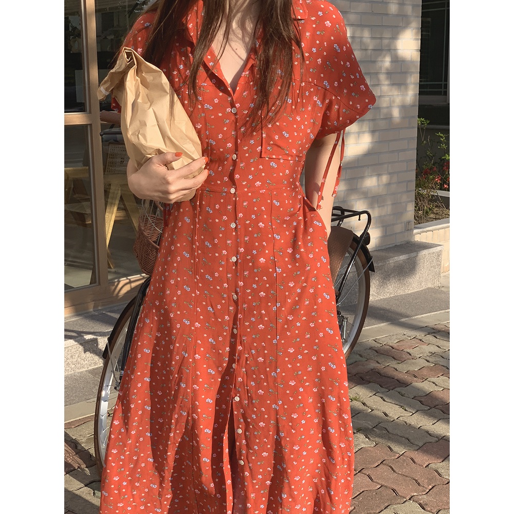 CHAWY red shirt dress C2389 เดรสยาวลายดอก เดรสยาวแดงลายดอก มี 5 สี ดำ แดง กรม เขียว ขาว