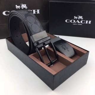 เข็มขัดหนัง Coach ผู้ชาย สีเทา ลาย signature ของแท้ 💯 outlet ของขวัญ สุดคุ้ม