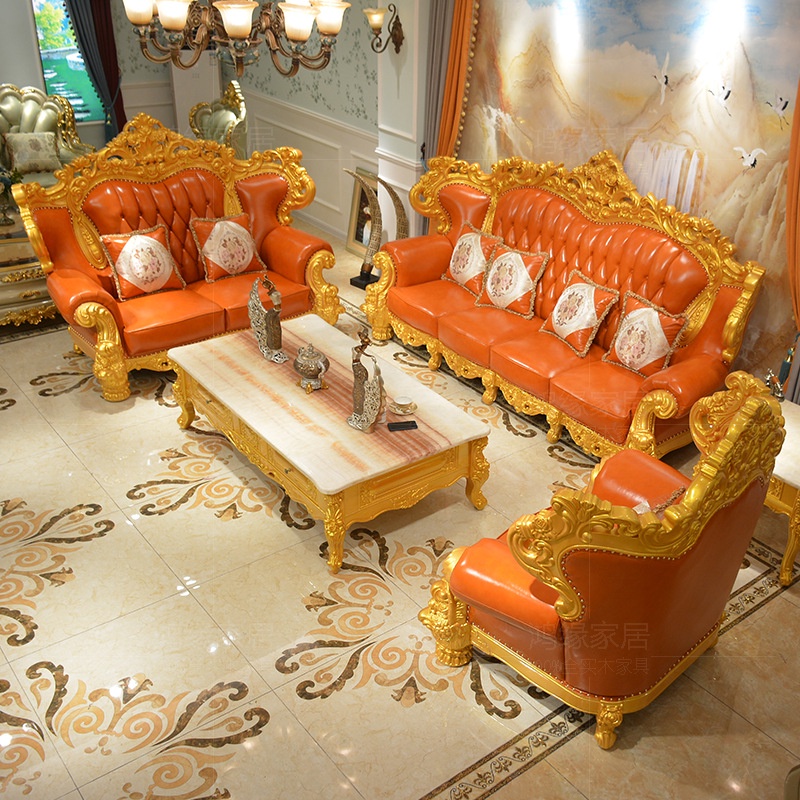 ทองยุโรปโซฟาสี่แถวตรงสีส้มชั้นแรกหนังสีเหลืองวิลล่าห้องนั่งเล่นโซฟาขุนนาง 9yHK