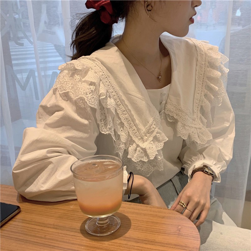 เสื้อคอปกแขนยาวจับจีบ เสื้อเชิ้ตแขนพัฟผู้หญิง ulzznag - BBD18FG BROWN