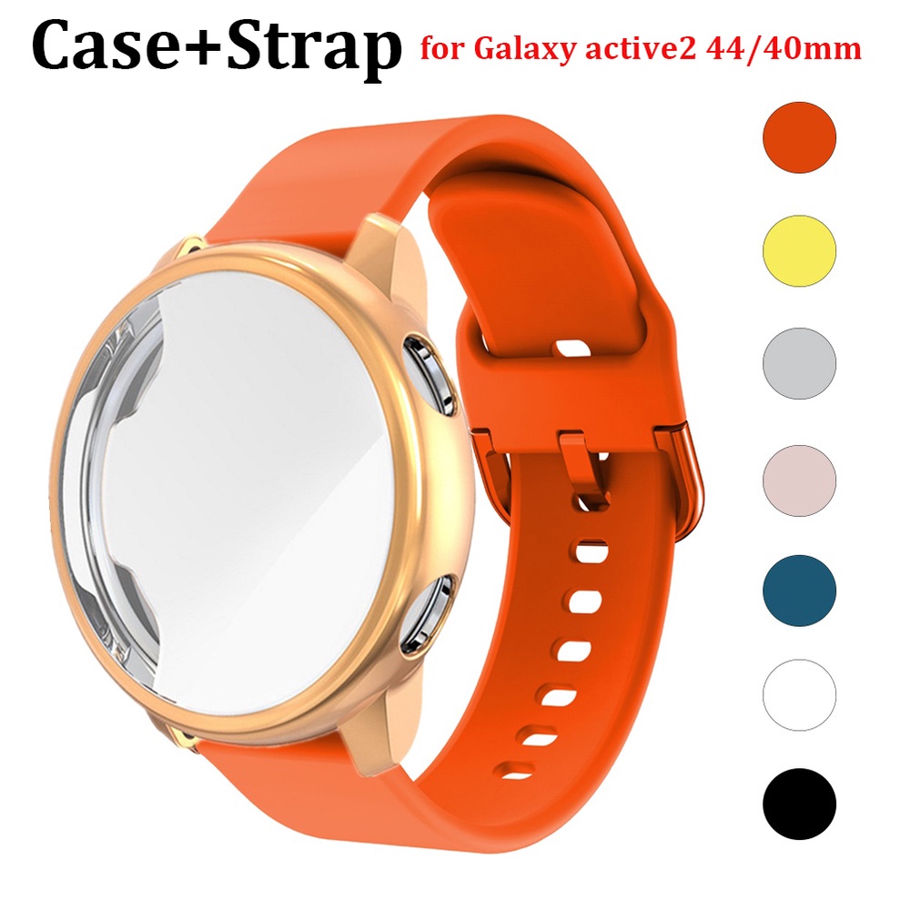 สาย + เคส สําหรับ Samsung Galaxy Watch Active 2 44 มม. 40 มม. เต็มรูปแบบ กีฬา ซิลิโคน สายสมาร์ทวอทช์ สร้อยข้อมือ TPU กันชน รวมกัน