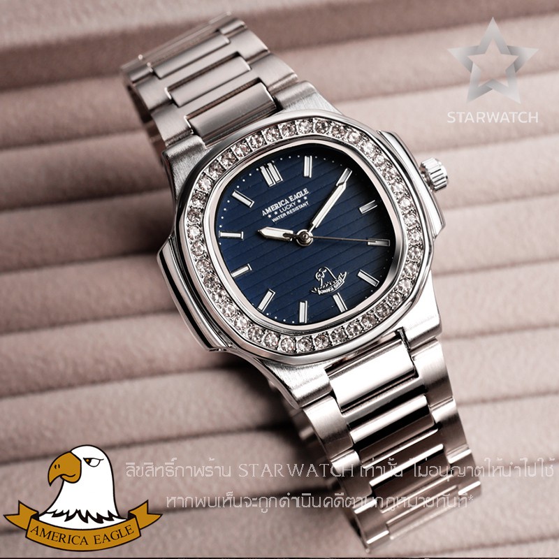 นาฬิกาโทรได้ นาฬิกาดิจิตอล AMERICA EAGLE นาฬิกาข้อมือผู้หญิง สายสแตนเลส รุ่น AE8014Lเพชร – SILVER/NAVYBLUE