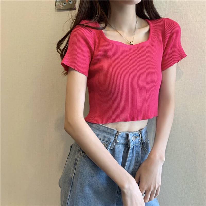 🍓Olivia🍓🍧 8สี เสื้อครอปไหมพรม🍧 ไหมพรมแขนสั้น คอยู สีสดใส น่ารัก เกาหลี พร้อมส่ง 🍧 #A20