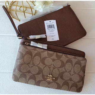 🎀 (สด-ผ่อน) คล้องมือ 2L 2ชั้น 2zip SizeL น้ำตาลลายซี COACH C5576 DOUBLE ZIP WALLET