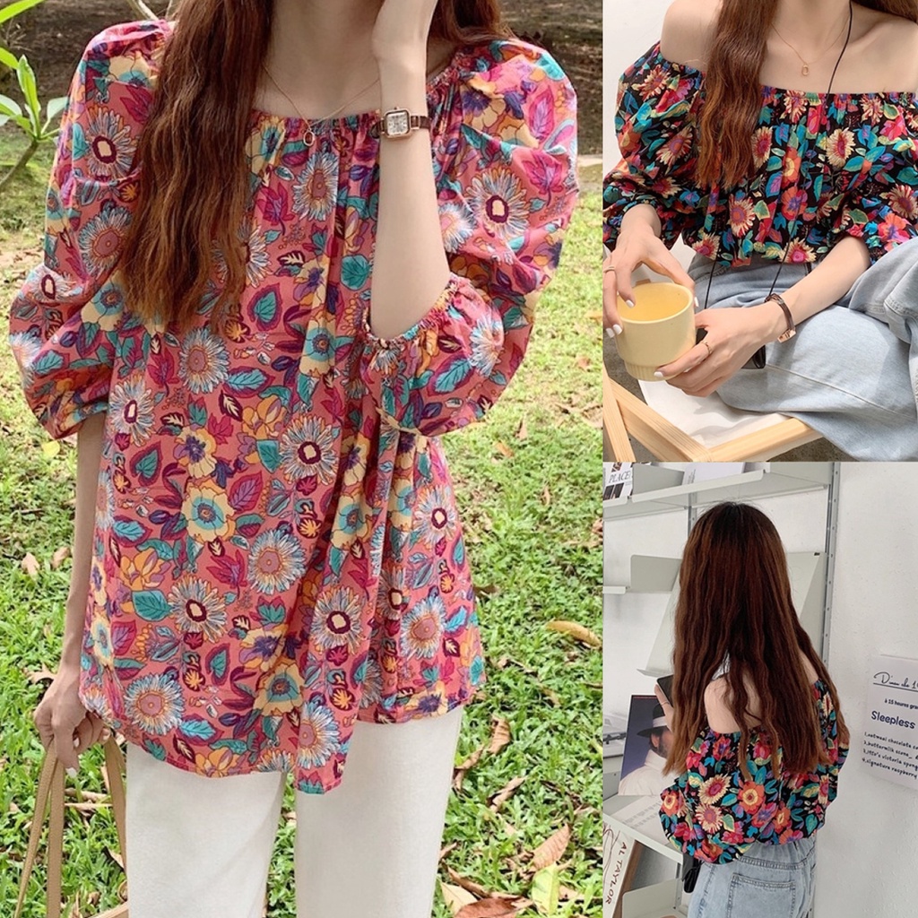 Korean เสื้อแฟชั่นลายดอกไม้ อกสม็อคยางยืด 2 สี ใส่แบบเปิดไหล่