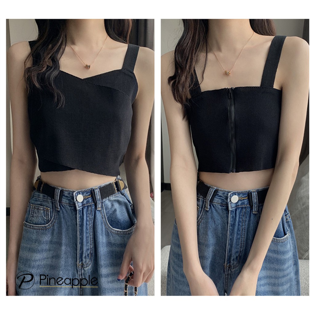 8737 เสื้อสายเดี่ยว ใส่ได้ทั้ง2ข้าง เซ็กซี่ เสื้อกล้าม เสื้อแฟชั่นหญิง ผ้าถัก Cross zipper camisole