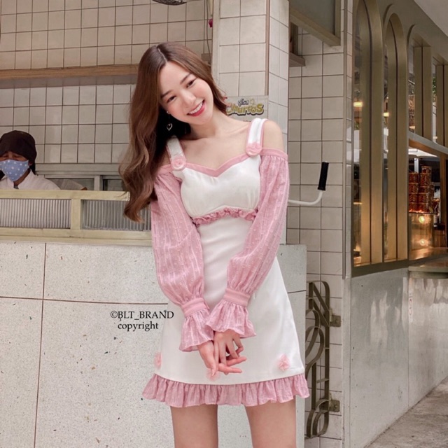 เสื้อผ้าแบรนด์แท้: BLT BRAND เดรสทูโทนสี white & salmon pink