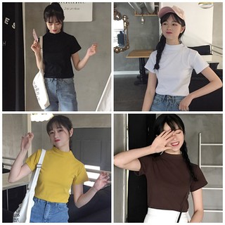 พร้อมส่ง เสื้อครอป เสื้อเอวลอย เสื้อยืดคอปีน D001