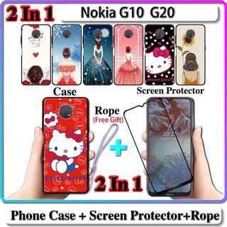 2 IN 1 เคส Nokia G10 G20 พร้อมกระจกนิรภัยกันรอยหน้าจอ เซรามิค โค้ง สําหรับเด็กผู้หญิง และคิตตี้