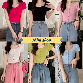 Mini shop🌸พร้อมส่ง🌸(9323-1) เสื้อ ไหมพรมแขนสั้น ตัวสั้น กระดุมด้านหน้าสีพาสเทลน่ารัก -C