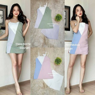 🔖ป้าย Classy Set เสื้อสายเดี่ยวทรีโทน ใส่คู่ขาสั้นผ้าเรียบ