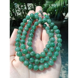 @สร้อยหยกพม่าแท้ Jadeite Type A สีเขียวธรรมชาติเดิมๆ เนื้อเทียนปนวุ้น