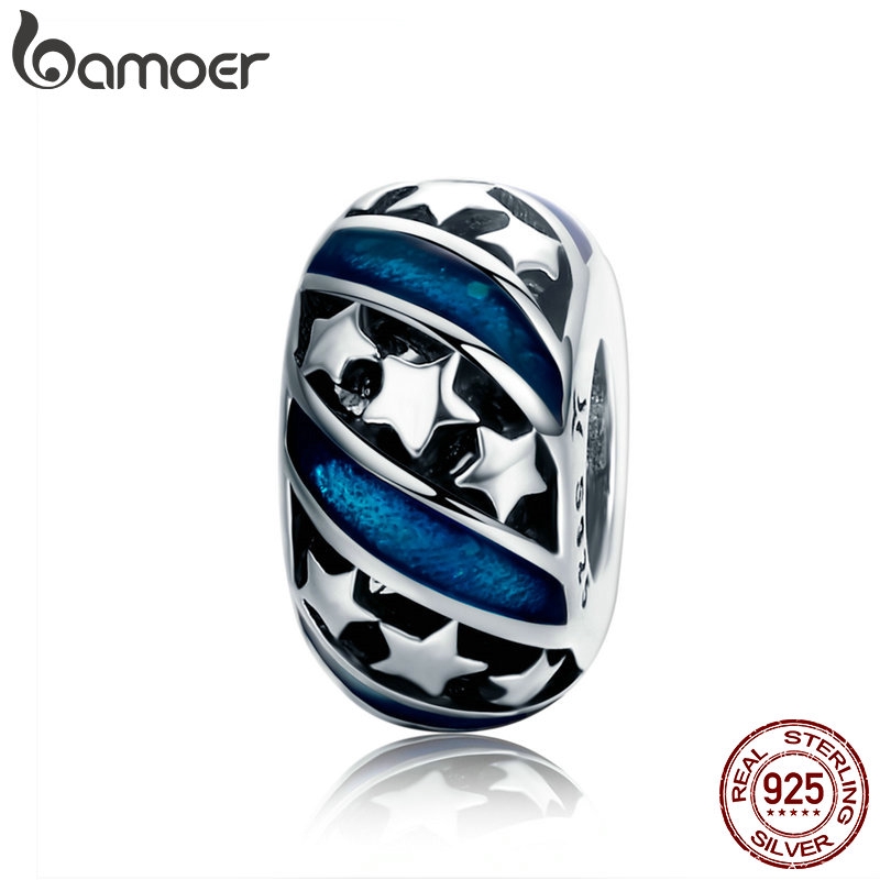 BAMOER Spacer Beads fit Women Bracelet Bangles DIY Genuine 925 Sterling Silver Sparkling Star Blue E