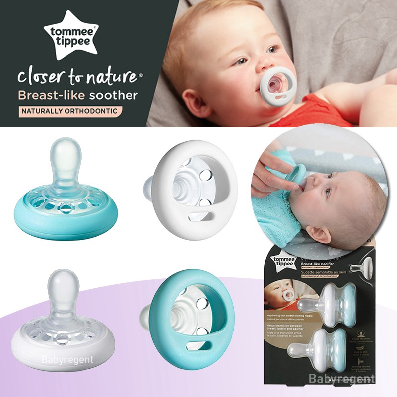 ʕ•́ᴥ•̀ʔ [12 สี] จุกหลอก Tommee Tippee Closer To Nature Soother Pacifier Breast-Like Shape White & Ice Blue 0-6M