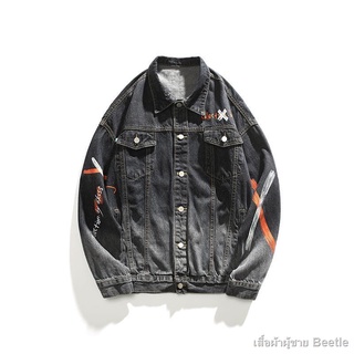 ฤดูใบไม้ร่วง Graffiti Letter พิมพ์ DENIM แจ็คเก็ตผู้ชายเกาหลี Washed Street Hip Hop หลวมคู่ Workwear Jacket