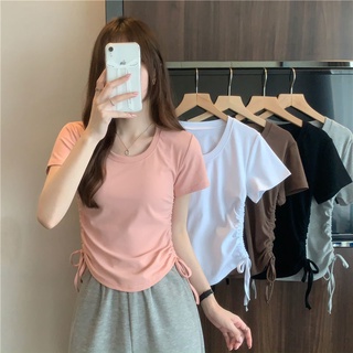 พร้อมส่ง เสื้อยืดแขนสั้น คอกลม แบบผูกเชือก แฟชั่นฤดูร้อน สําหรับผู้หญิง 2022