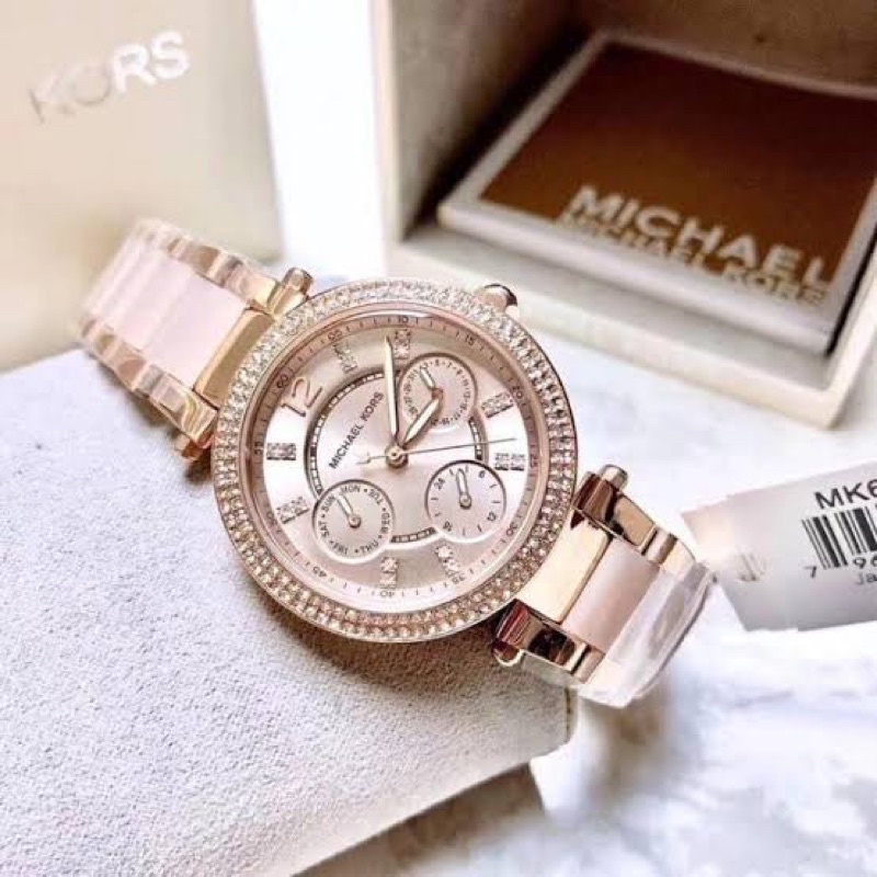 (ผ่อน0%) นาฬิกา Michael Kors MK6110 Mini Parker Blush Dial Rose Gold-tone and Blush Acetate Ladies W