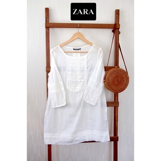 ZARA dress สีขาว ผ้าลินิน อก 38 ยาว 32 ป้าย L tag ครบ