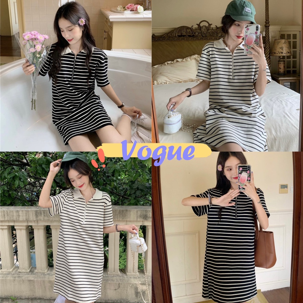 Vogue🌟พร้อมส่ง🌟 ชุดเดรสไหมพรม แขนสั้น คอกลม ดีเทลแต่งลายโบว์เล็กๆ (03070-1)