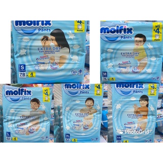 (ใหม่!! ) Molfix Extra Dry (มอลฟิกซ์) ผ้าอ้อมเด็กเเบบกางเกง โมฟิกซ์ (รุ่นเอ็กซ์ตร้า ดราย) ซุปเปอจัมโบ้ฟรี 4 ชิ้น