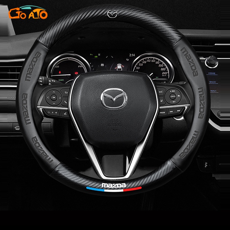 Gtioato พวงมาลัยรถ 38 ซม.พวงมาลัยรถหนังคาร์บอนไฟเบอร์พวงมาลัยรถอุปกรณ์ตกแต่งภายในรถยนต์สําหรับ Mazda
