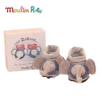 Moulin Roty ถุงเท้า รองเท้า เด็กอ่อน 0-9 เดือน ถุงเท้าเด็กแรกเกิด ถุงเท้าทารก ลายช้าง Elephant Baby Slippers MR-671010