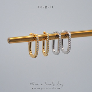 8August ต่างหูเงินแท้ ต่างหูห่วง ประดับเพชรแถวเดียว 14 เม็ด ดีไซน์สวย Hoop Earrings S925 (A33)