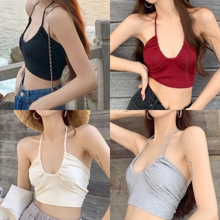 🔥ราคาถูกที่สุด🔥เสื้อครอปสายเดี่ยวแบบผูกคอ สายรูดปรับได้ เว้าหน้าอก 4 สี