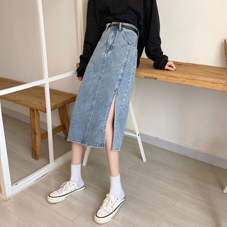 ✼Tide brand split skirt female summer thin Section high waist 2021 new small a-line mid-length denim skirt long skirt