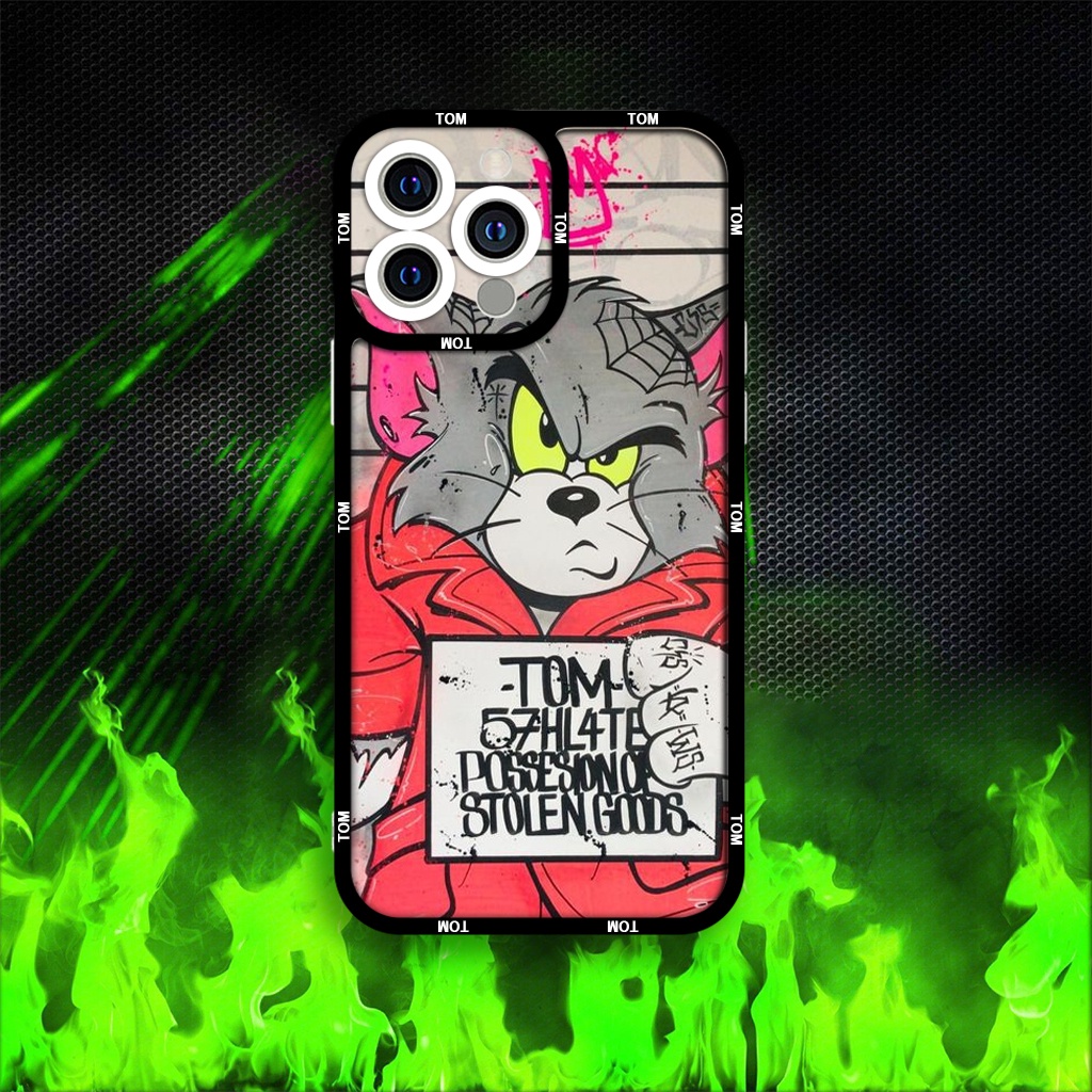 JM CASE ขอบสี่เหลี่ยม CASE พร้อมตัวการ์ตูน Tom น่ารักถือแผ่นป้าย 6/6pl/6s/6spl/7/7pl/8/8pl/x/xs/11/1