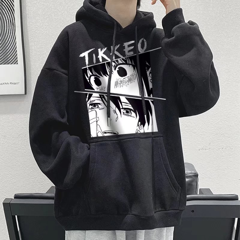เสื้อกันหนาวแขนยาว มีฮู้ด ทรงหลวม พิมพ์ลายการ์ตูนอนิเมะ สไตล์ฮ่องกง สตรีท ฮิปฮอป สําหรับผู้ชาย【M-8XL】