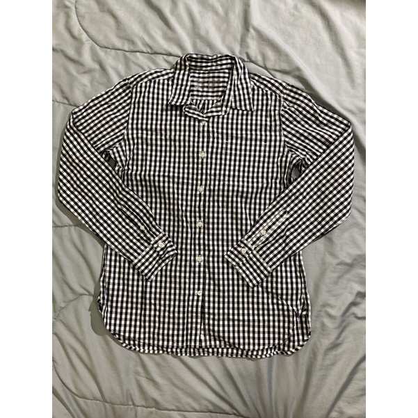 Muji เสื้อเชิ้ตแขนยาวลายสก็อต สีดำ
