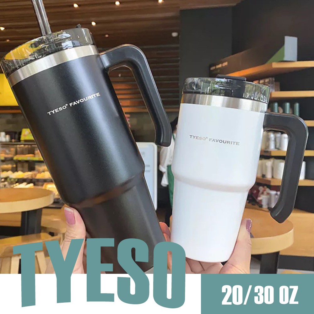 แก้วน้ำ TYESO 20oz,30oz  สแตนเลส304แท้ เก็บความร้อน/เย็นได้ มีด้ามจับ ฝาจุกยาง พร้อมหลอด1ชิ้นฟรี !