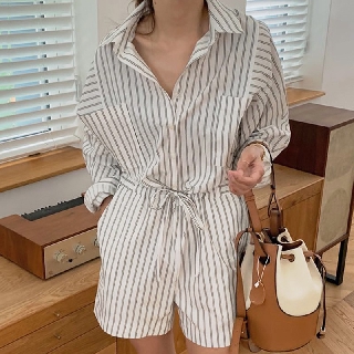 พร้อมส่ง 🍑  polo collar striped jumpsuit C1482 จั๊มสูท จั๊มสูทขาสั้น