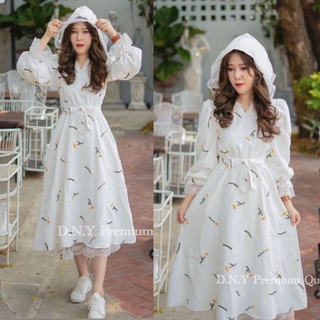 รับลมหนาว!!! M-XL Maxi Dress เดรสขาวมีหมวกผ้าลูกฟูกปักดอกไม้+สายผูกเอว งานป้าย DNY