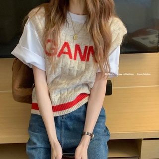 เสื้อกันหนาว คอกลม แขนกุด ลายตัวอักษร สไตล์เกาหลี สําหรับผู้หญิง