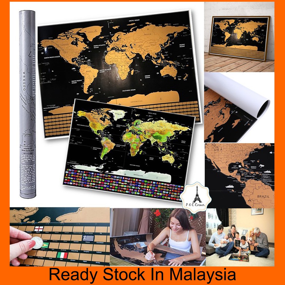Scratch Off Educational World Map Travel Map โปสเตอร์แผนที่ผนังพร้อมกล่อง
