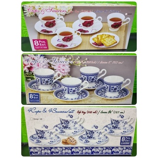 ชุดแก้วน้ำชา กาแฟ พร้อมจานรอง ลายสวยงาม Set Cups &amp; Saucers เหมาะสำหรับเป็นของขวัญ ของชำร่วย ทำจากกระาเบื้องเคลือบลาย