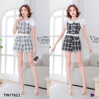 TwinsShopVip💗พร้อมส่ง TW17623 Set 2 ชิ้น เสื้อคอปก แขนระบายลายตาราง + กางเกงขาสั้นลายตาราง..