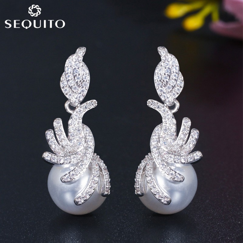 SEQUITO เกาหลีอินเทรนด์งานแต่งงานเจ้าสาว Pearl Drop Earing 925 ต่างหูเงินผู้หญิง Elegant Silver Plated Jewellery E003