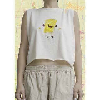 เสื้อยืด Croptop เสื้อครอปแขนกุด ผ้าฝ้าย Cotton 100% สีผ้าดิบไม่ย้อมสี ลาย SpongeBob minimal จากจินตนาการเด็ก