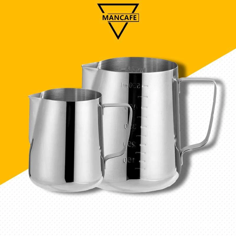 เหยือกตีฟองนม เหยือกสแตนเลส ถ้วยตีฟองนม สแตนเลส 350ml/600ml มีสเกล Stainless Milk Pitcher[MANCAFE]
