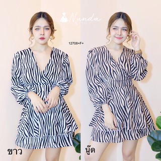 J12708 Jumpsuit จั๊มสูท ลายม้าลาย คอวีไขว้แขนยาว