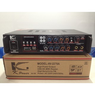 เครื่องขยายเสียง Power Amplifier 1000W Watts K power AV-2278A USB SD card FM Radio Bluetooth 2Mic input AUX input output