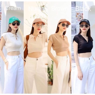 crop top เกาหลี เสื้อครอปคอ polo  ครอปไหมพรม ปลายแขนเต่อนิดๆ ทรงน่ารักมาก ครอปเอวลอย ใช้ผ้าไหมพรมเนื้อดี