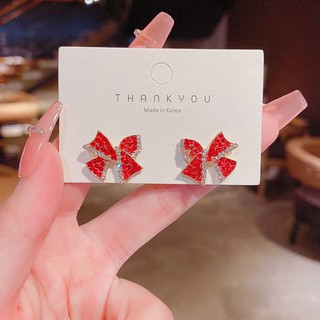 Shuling S925 silver needle Festive Red New Year Bow Earrings Diamond Stud Earrings