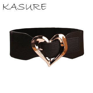 Kasure เข็มขัดหนัง PU ยืดหยุ่น กว้าง หัวเข็มขัดหัวใจ สีทอง ไม่สม่ําเสมอ เรียบลื่น สีดํา เข็มขัดแฟชั่น ตกแต่งชุดเดรส