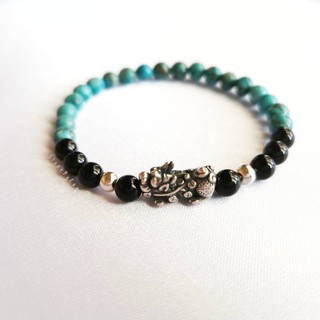 สร้อยข้อมือหินเทอร์ควอยส์,หินออนิคร้อยกับปี่เซียะเงินรมดำ Turquoise+Onyx